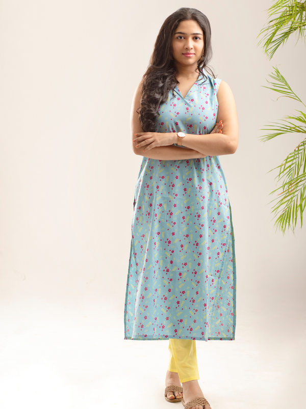 Light Blue Floral kurti - EXP